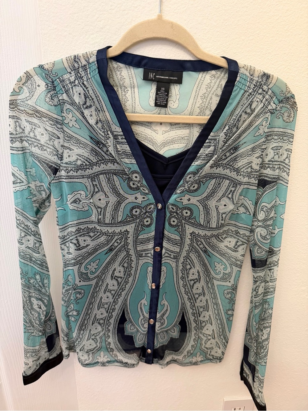 INC International Concepts Aqua Paisley Button-Front Blouse with Navy Trim